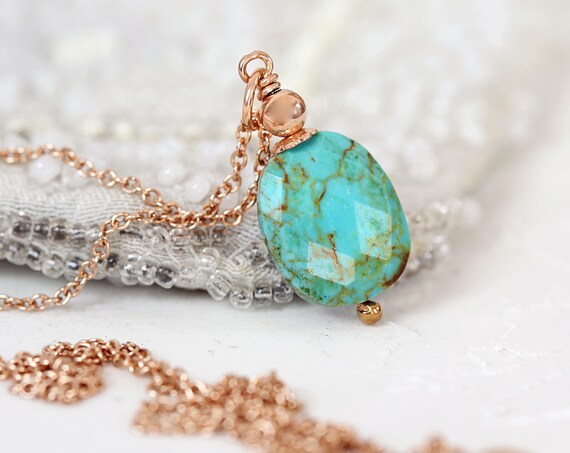 Genuine Turquoise Jewelry -Turquoise & Rose Gold Necklace