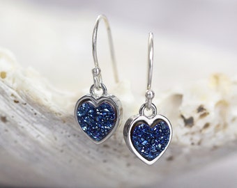 Blue Druzy Heart Earrings - Gift For Loved One - Sterling Silver Drop Earrings - Valentines Gift For Her Christmas - Dainty Blue Earrings