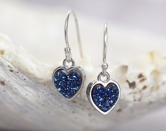 Love Heart Earrings - Blue Druzy Earrings Gold or Silver