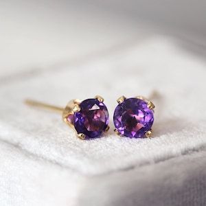 Amethyst Stud Earrings - Unisex Gemstone Studs - February Birthstone Gift - Purple Amethyst Earrings Gold - Spiritual Intuition Stone