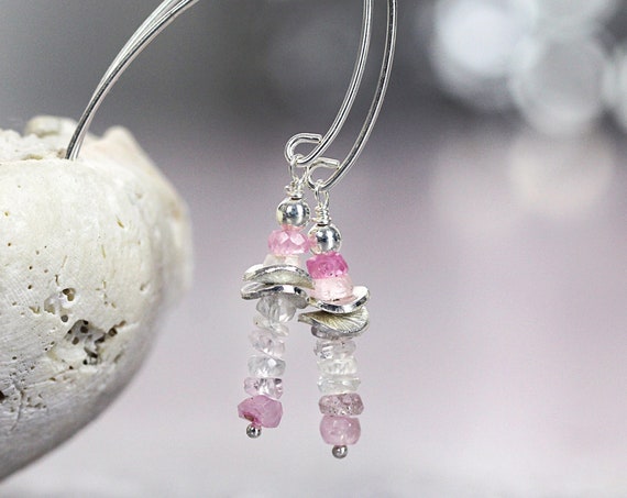 Pink and White Sapphire Earrings - Modern Silver Precious Stone Earrings