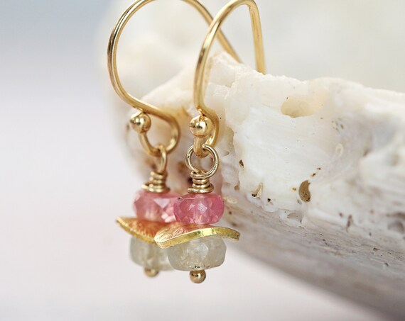 Pink and Green Sapphire Earrings - Tiny Dainty Dangle Earrings