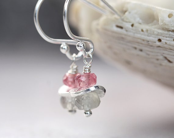 Multi Sapphire Drop Earrings - Green & Pink Sapphire Earrings Silver or Gold