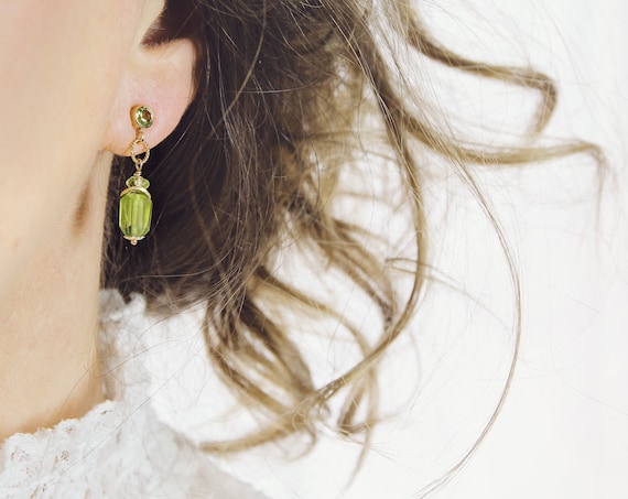 Peridot Drop Earrings - Gold & Green Stone Earrings