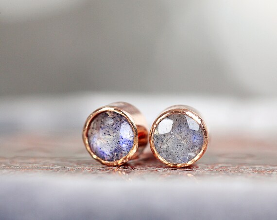 Labradorite Earrings Rose Gold - Tiny Labradorite Earrings Studs