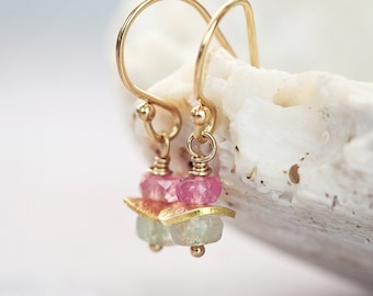 Pink and Green Sapphire Earrings - Gold or Silver Precious Stone Earrings - Tiny Dainty Dangle Earrings - September Birthstone Gift Idea