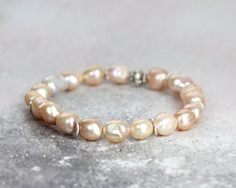 Freshwater Pearl Bracelet - Peach Pink Pearl Bracelet - June Birthstone Gift - Large Chunky Pearl Bracelet - Feminine Boho Bracelet