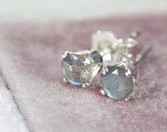 Labradorite Stud Earrings - Sterling Silver Earrings - Blue Grey Earrings - Faceted Labradorite Earrings - Post Earrings