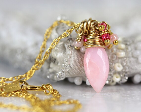 Pink Opal Pendant Necklace - Dainty Cluster Necklace - Pink Opal Jewelry - October Birthstone Gift - Pink Necklace - Dainty Boho Necklace