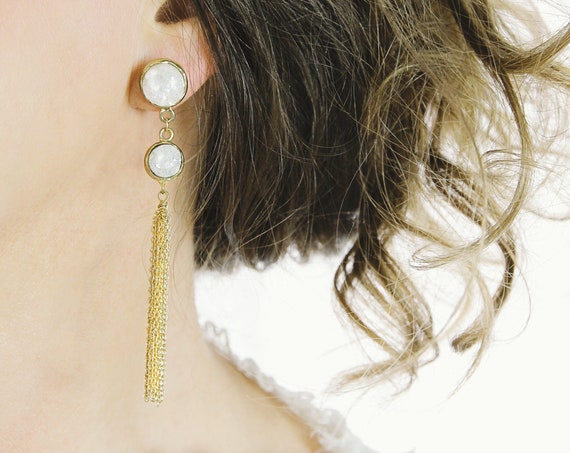White Druzy Tassel Earrings -Long Statement Earrings