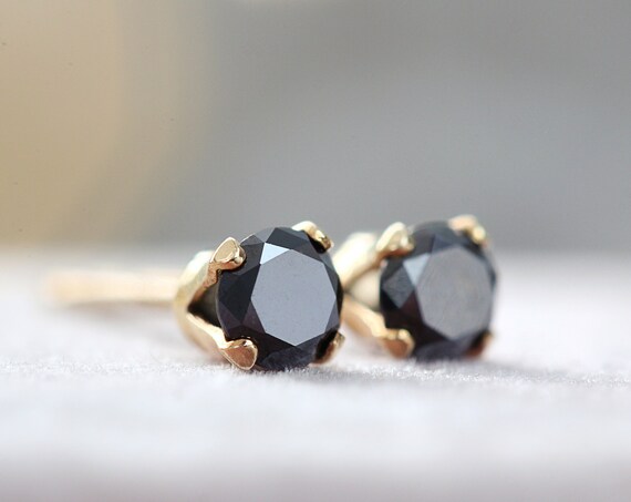 Black Diamond Stud Earrings Solid Gold - Black Diamond Studs - Gold Diamond Earrings 3mm - Black Diamond Earrings Gold - Tiny Diamond Stud