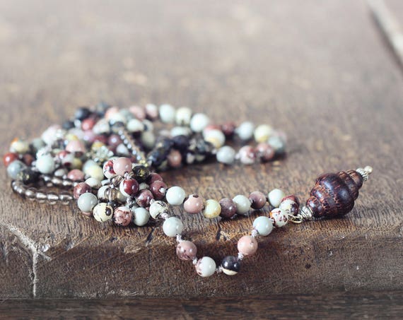 Long Lariat Necklace - Smoky Quartz and Jasper Bead Necklace