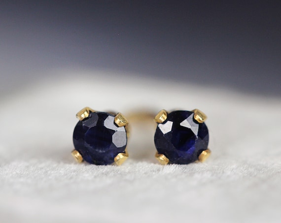 Dark Blue Sapphire Stud Earrings - September Birthstone - Anniversary Gift - Indigo Blue Studs Gold or Silver - Unisex Studs, Single or Pair