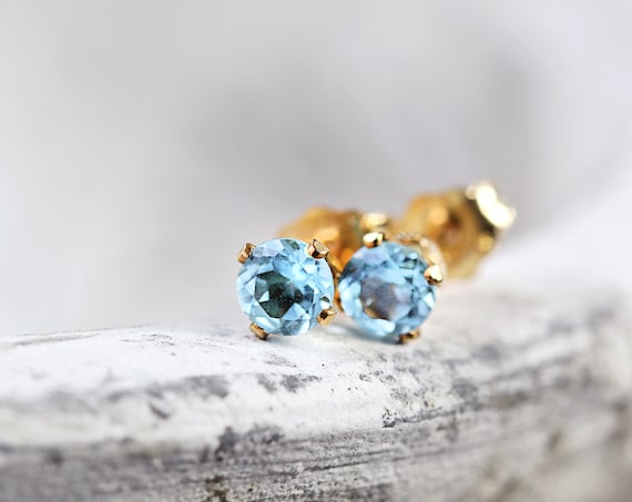 Swiss Blue Topaz Stud Earrings - Blue Gemstone Ear Studs