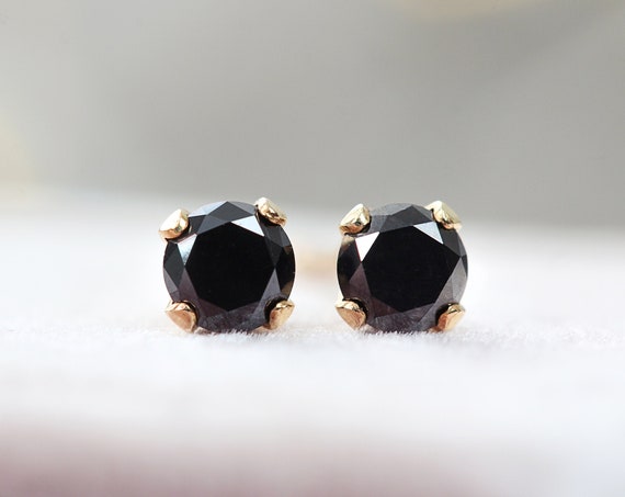 Black Diamond Stud Earrings Solid Gold - Black Diamond Studs - Gold Diamond Earrings 3mm - Black Diamond Earrings Gold - Tiny Diamond Stud