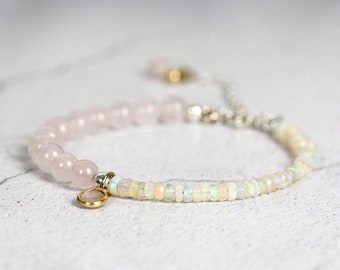 Opal & Rose Quartz Bracelet - Mixed Metal Gemstone Bracelet - Adjustable Charm Bracelet Opal - October Birthstone Gift for Love + Happiness