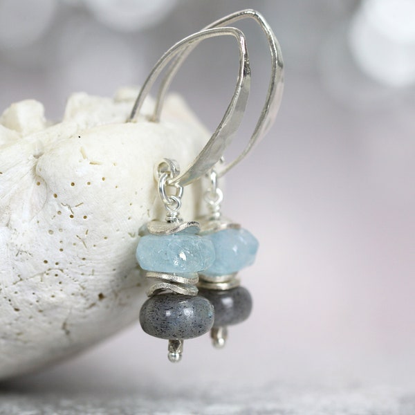 Labradorite & Aquamarine Earrings - Semi Precious Stone Earrings - Silver Grey Blue Healing Crystal Earrings for Strength Calm Courage