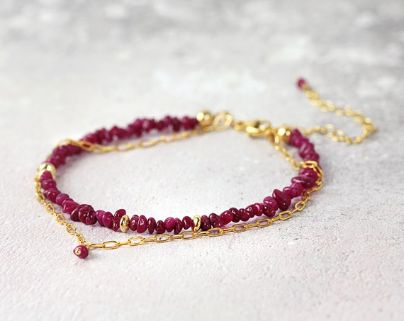 Longido Ruby Bracelet - Raw Ruby Nugget Bracelet - Stacking Layering Bracelet - Ruby Bead Bracelet - Gold Ruby Bracelet - Layered Bracelet
