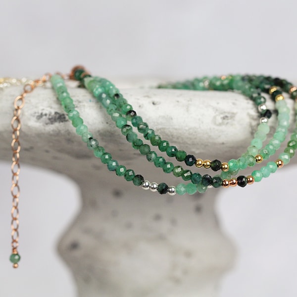 Skinny Emerald Bracelet For Women - Ombre Emerald Beaded Bracelet - May Birthstone Skinny Stacking Bracelet - Gold Fill, Silver, Rose Gold