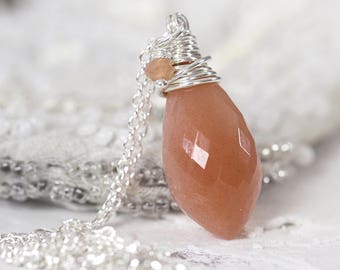 Silver Moonstone Necklace - Peach Gemstone Necklace - June Birthstone - Wire Wrapped Necklace - Peach Moonstone Pendant Necklace
