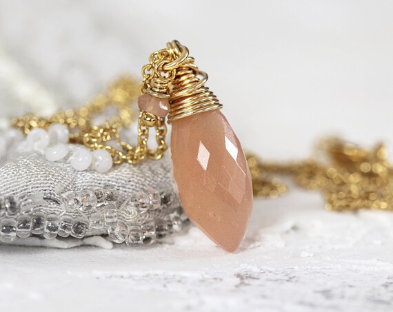 Peach Moonstone Necklace - Elegant Marquise Necklace