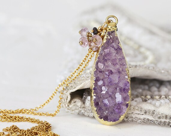 Amethyst Druzy Necklace - Diamond & Amethyst Cluster Necklace