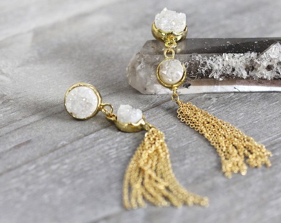 White Druzy Tassel Earrings -Long Statement Earrings