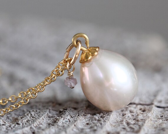 Pearl Teardrop Necklace - Ivory Pearl & Diamond Necklace
