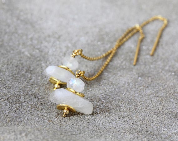 Moonstone Earrings - Gold Threader Earrings - June Birthstone - White Gold Earrings - Wedding Earrings - White Stone Earrings