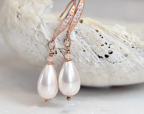 Ivory Shell Pearl Earrings - Rose Gold & Rose Quartz Earrings