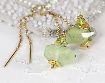 Prehnite Earrings - Threader Earrings - Green and Gold Earrings - Prehnite Jewellery - Long Chain Earrings - Green Stone Earrings