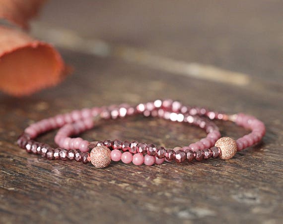Dainty Rhodonite Bracelet - Pink Pyrite Bracelet