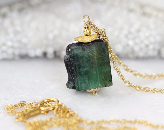 Raw Emerald Necklace - May Birthstone Necklace Gold