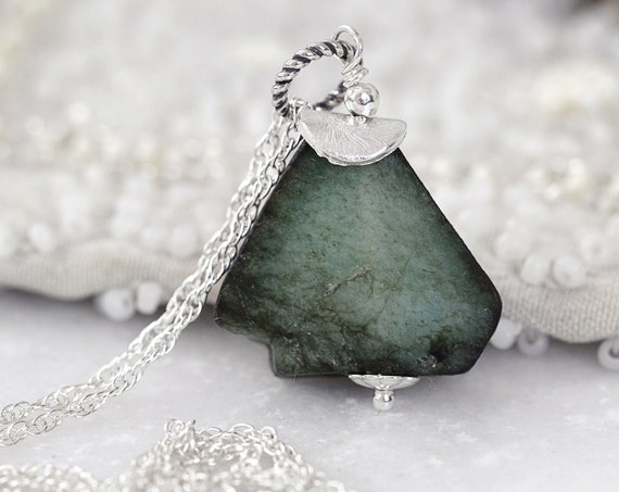 Silver Emerald Necklace - Rough Emerald Pendant
