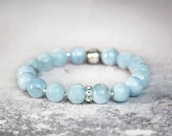 Chunky Aquamarine Stretch Bracelet - Sterling Silver & Blue Aquamarine Bracelet - Gemstone + Crystal Diamante Bracelet - Stacking Bracelet
