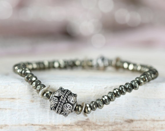 Silver & Pyrite Stretch Bracelet - Mixed Metal Bracelet