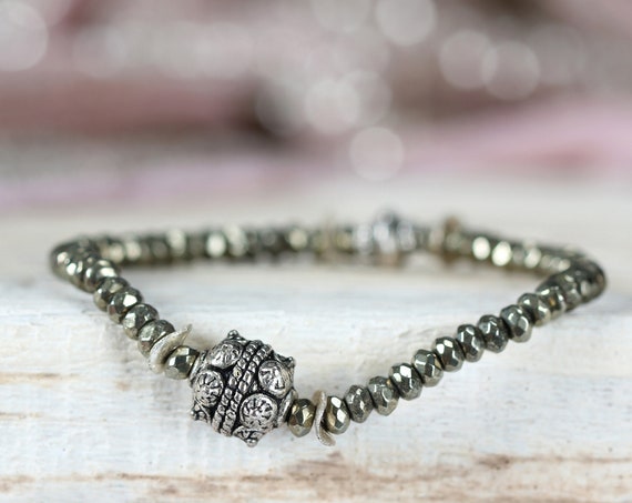Silver & Pyrite Stretch Bracelet - Mixed Metal Bracelet