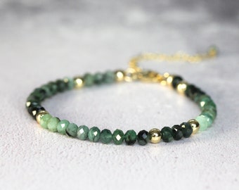 Genuine Emerald Bracelet For Women - Semi Precious Gemstone Bracelet - Minimal Skinny Dainty Beaded Bracelet - May Birthday Gift For Her Mom