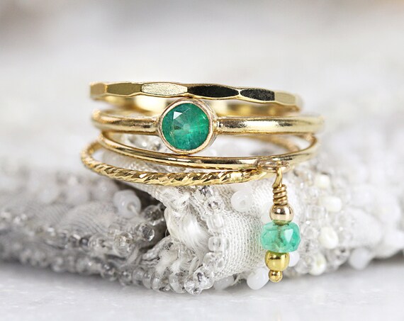 Green Emerald Stacking Ring Set - Stacking Boho Rings - Green Emerald Ring Gold - Gold Ring Stack - Gold Ring Set For Women - Ring Set Gold