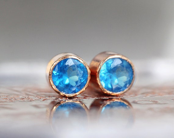 Tiny Blue Apatite Earrings - Rose Gold Blue Earrings 3mm