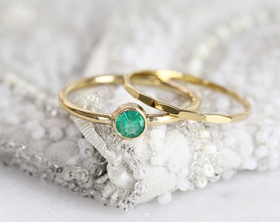 Emerald Solitaire Ring Set - Emerald Ring For Women - Stacking Birthstone Rings