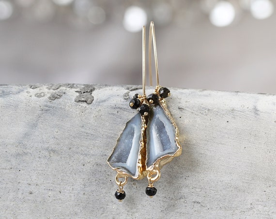 Black Geode Earrings - Genuine Diamond Earrings
