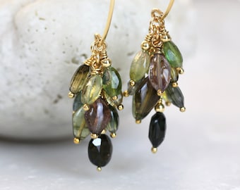 Multi Tourmaline Earrings - Dangle Cluster Earrings - October Birthstone Gift For Women - Handmade Fine Jewelry - Elegant Earrings For Her