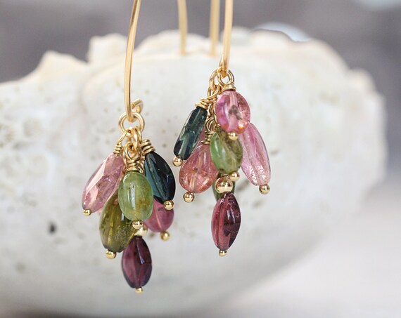 Multi Tourmaline Earrings - Dangle Cluster Earrings - October Birthstone Gift For Women - Handmade Fine Jewelry - Elegant Earrings For Her