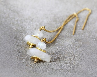 Moonstone Earrings - Gold Threader Earrings - June Birthstone - White Gold Earrings - Wedding Earrings - White Stone Earrings