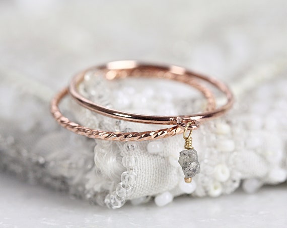 Grey Diamond Ring Set - Diamond Dangle Ring For Women - Dainty Rose Gold Ring Set