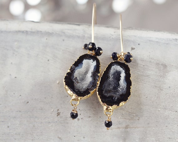 Black Geode Earrings - Genuine Diamond Earrings