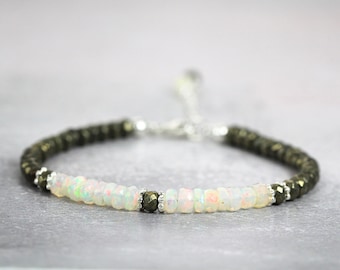 Pyrite & Opal Bracelet - Prosperity and Protection Bracelet - July Birthstone Gift Idea - Handmade Fine Jewelry - Mixed Stone Bracelet