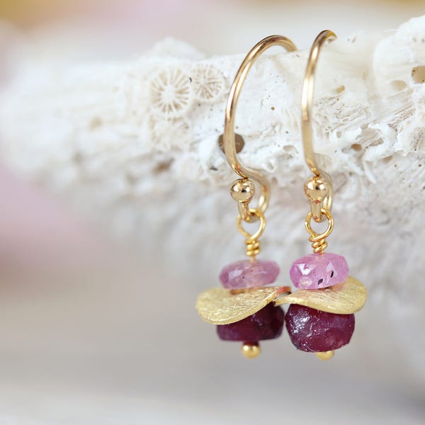 Gold Ruby Earrings - Precious Stone Earrings - July Birthstone Gift - Fine Jewelry - Pink & Red Gemstone Earrings - Precious Stone Jewellery