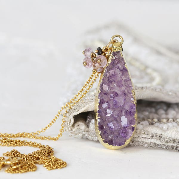 Amethyst Druzy Necklace - Amethyst Pendant - Diamond & Amethyst Cluster Necklace - April / February Birthstone - Druzy Stone Necklace